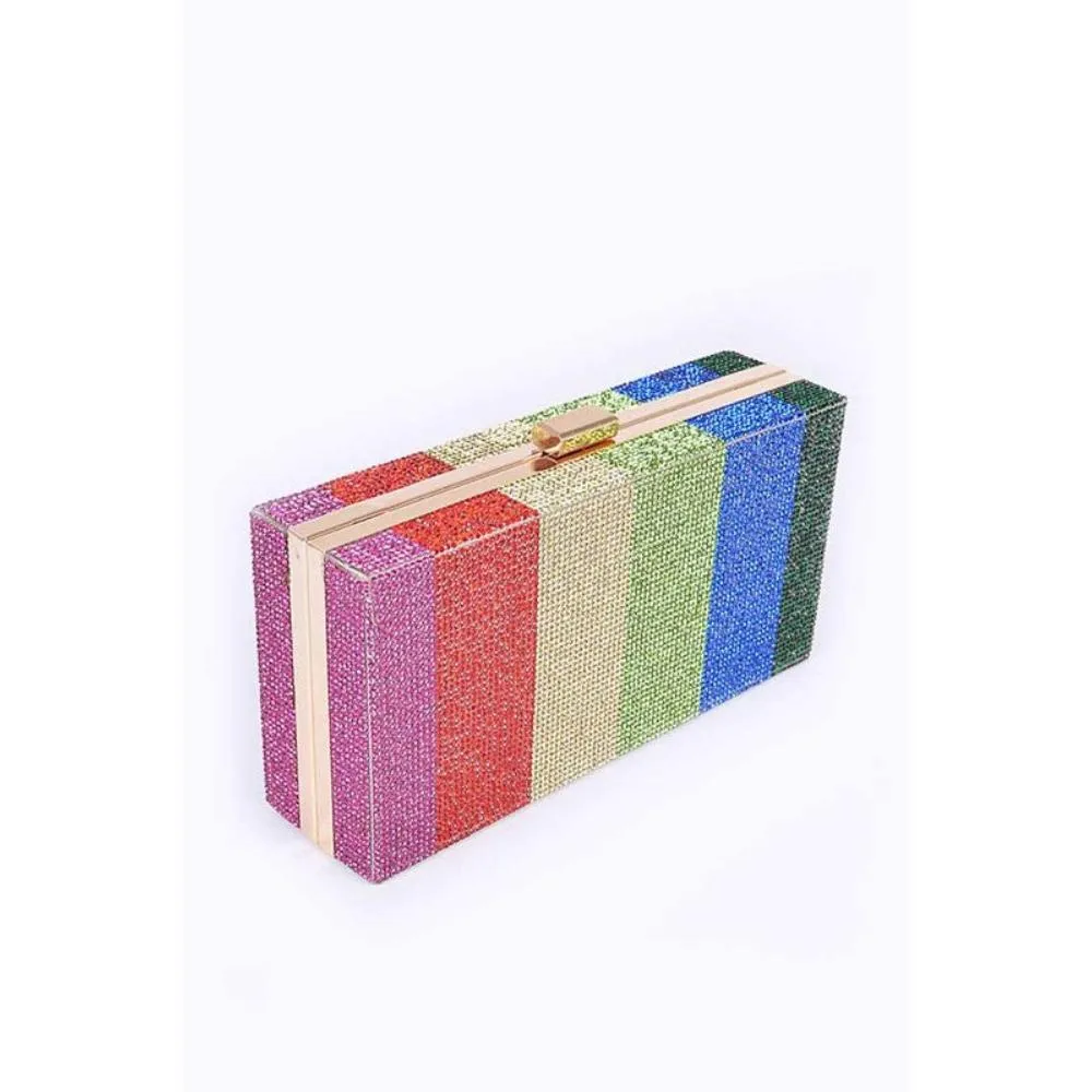 FASHNZFAB Rainbow Color Rhinestone Pave Box Clutch