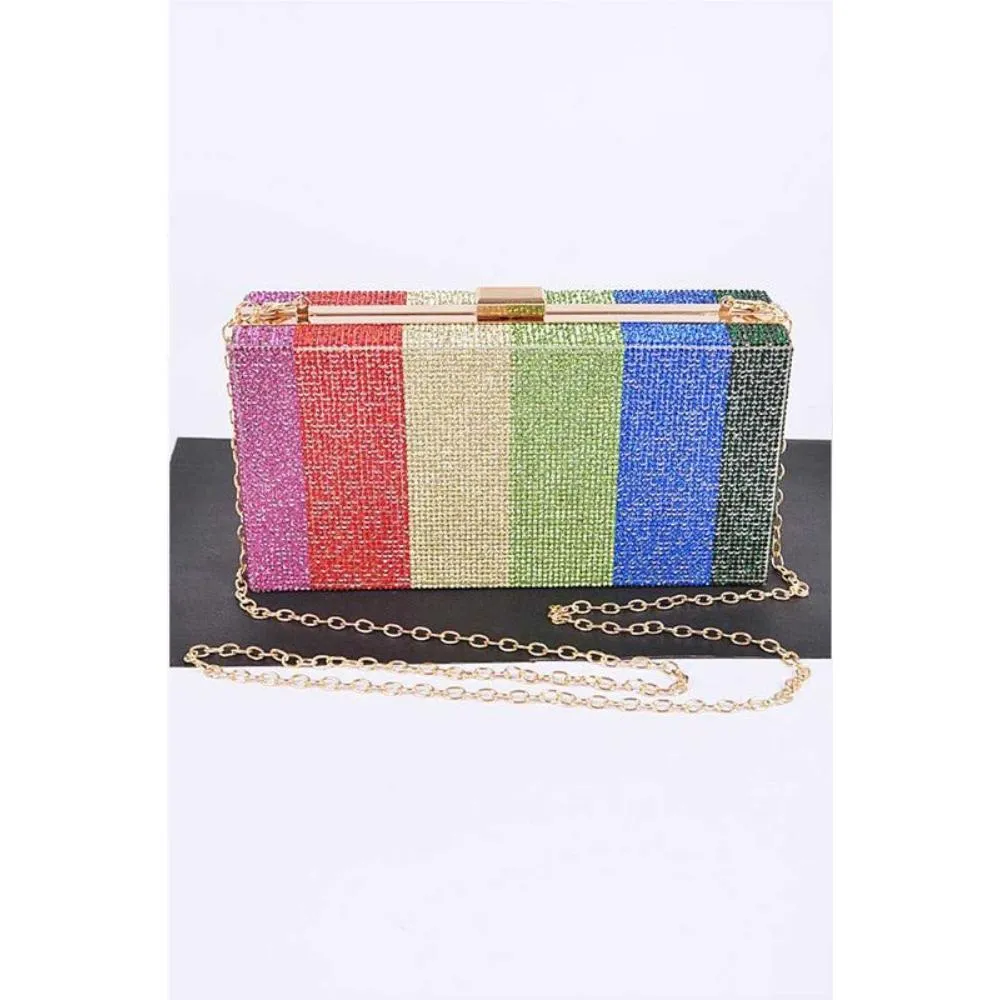 FASHNZFAB Rainbow Color Rhinestone Pave Box Clutch