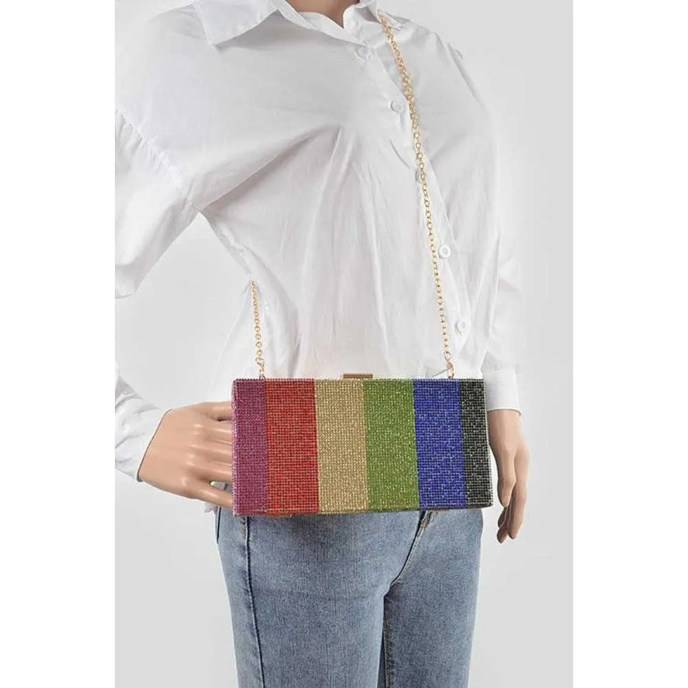 FASHNZFAB Rainbow Color Rhinestone Pave Box Clutch