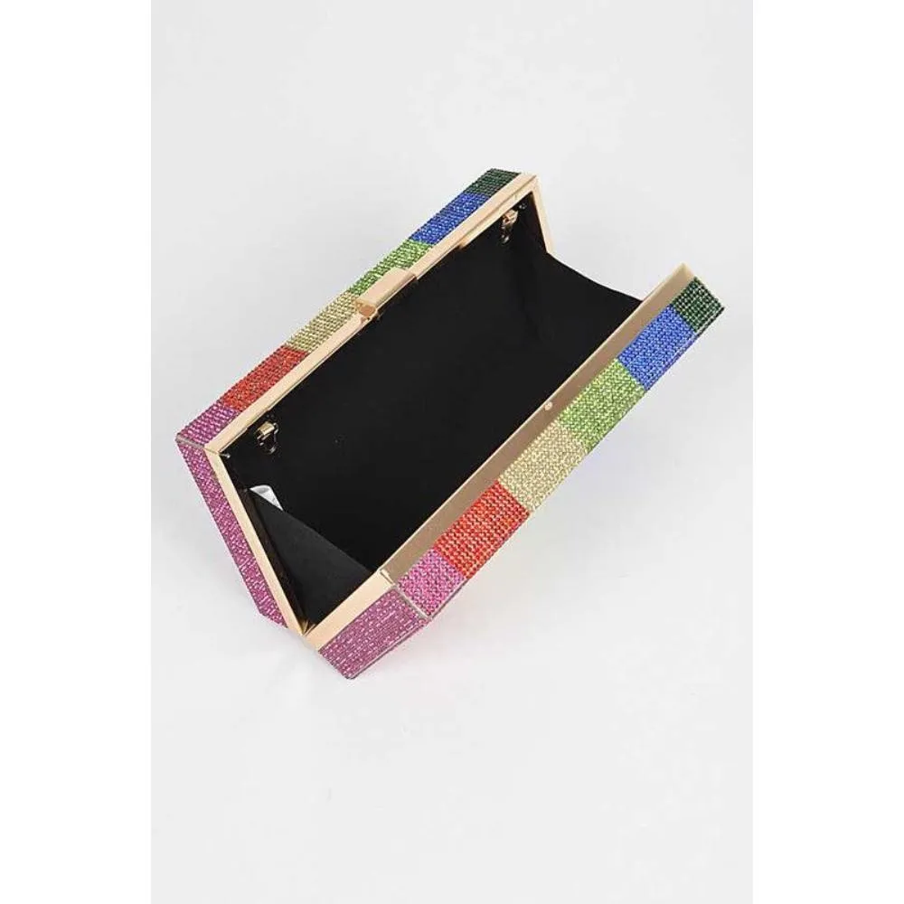 FASHNZFAB Rainbow Color Rhinestone Pave Box Clutch