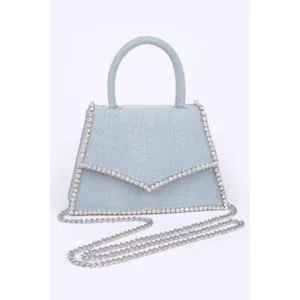 FASHNZFAB Rhinestone Accent Denim Top Handle Clutch Bag