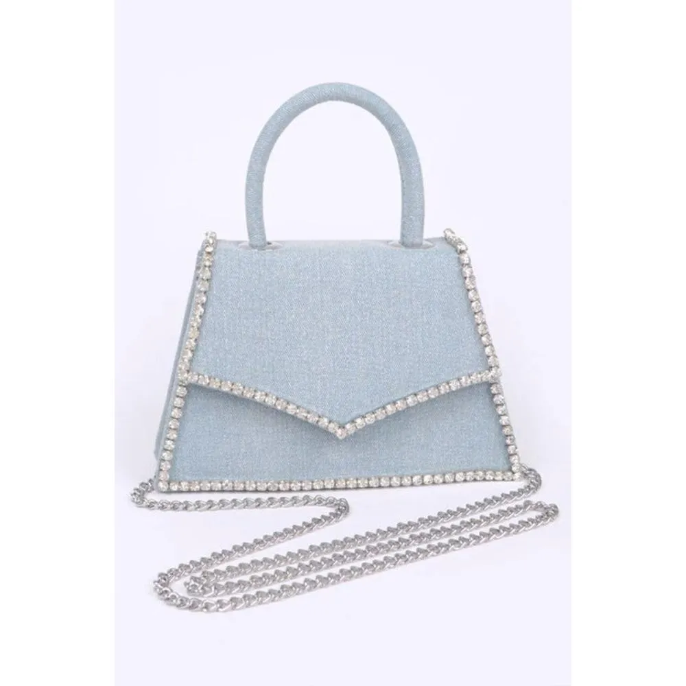 FASHNZFAB Rhinestone Accent Denim Top Handle Clutch Bag