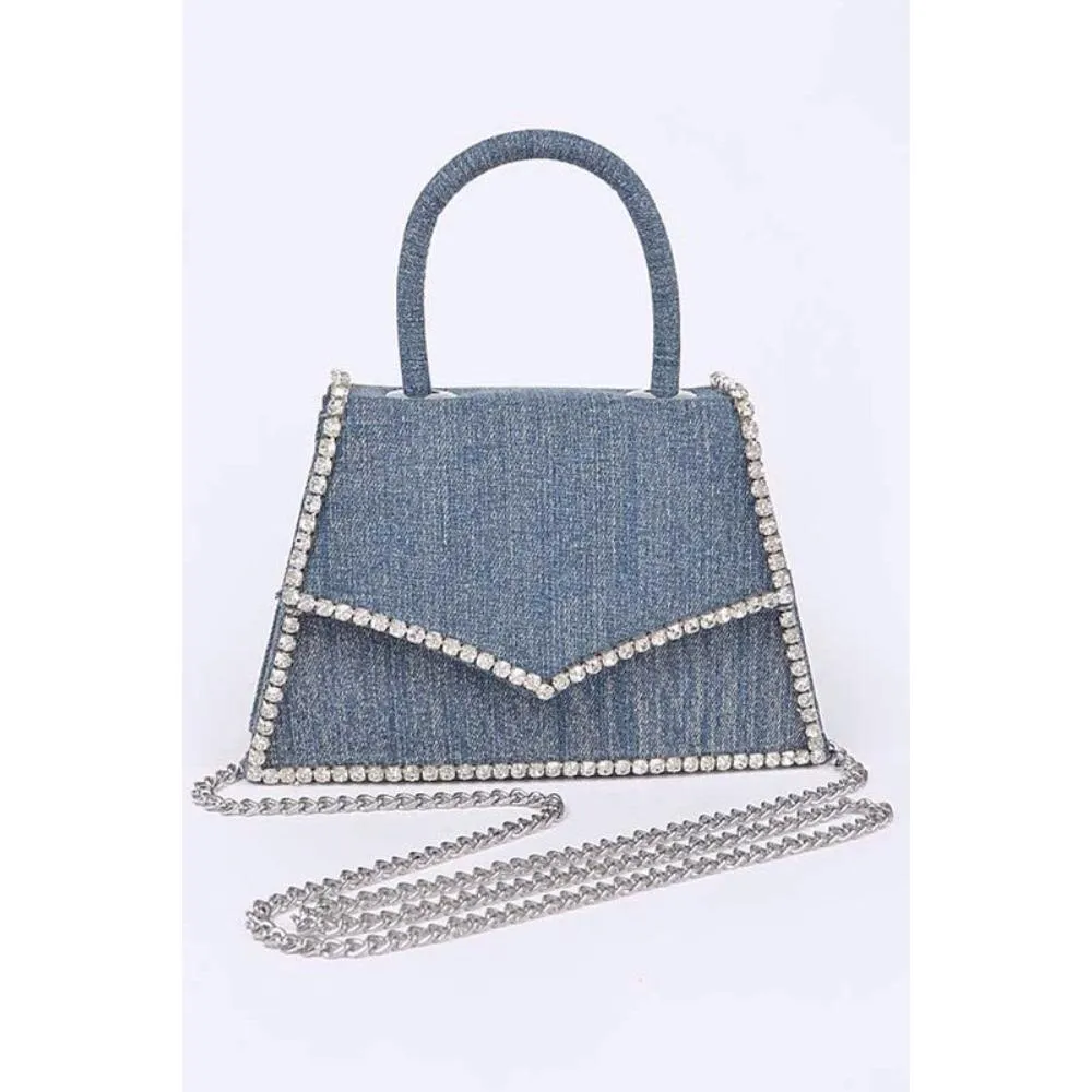 FASHNZFAB Rhinestone Accent Denim Top Handle Clutch Bag