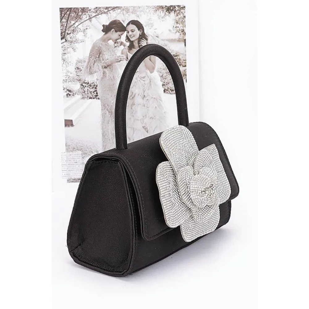 FASHNZFAB Rhinestone Flower Stain Top Handle Clutch Bag