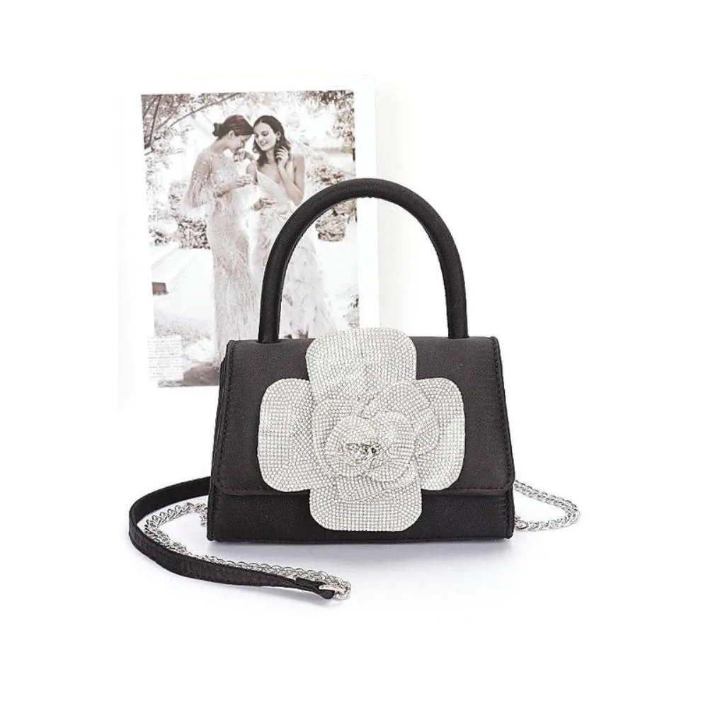 FASHNZFAB Rhinestone Flower Stain Top Handle Clutch Bag