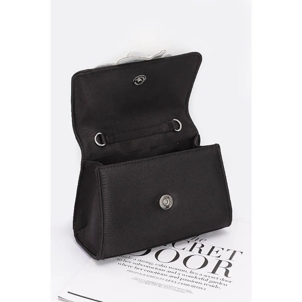 FASHNZFAB Rhinestone Flower Stain Top Handle Clutch Bag