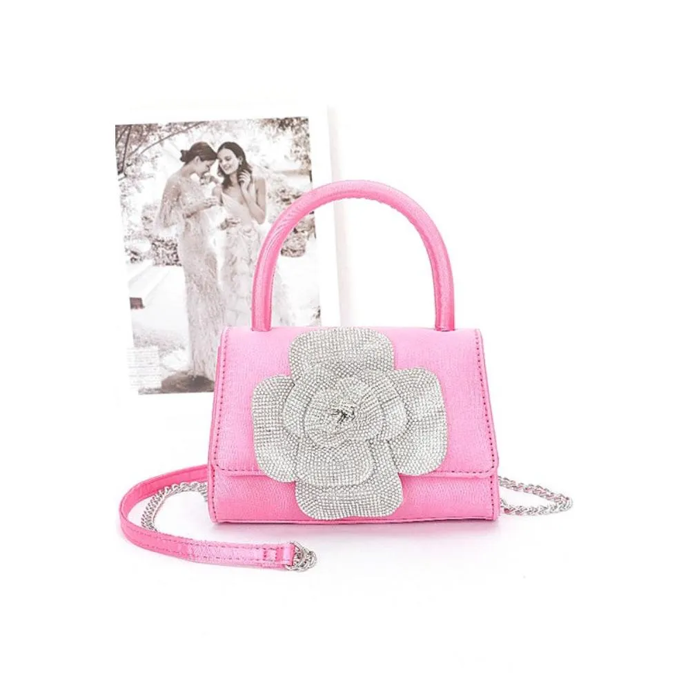 FASHNZFAB Rhinestone Flower Stain Top Handle Clutch Bag