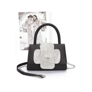 FASHNZFAB Rhinestone Flower Stain Top Handle Clutch Bag