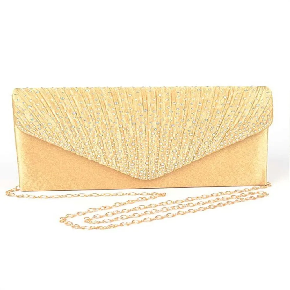 FASHNZFAB Rhinestone Pave Pleated Satin Evening Clutch