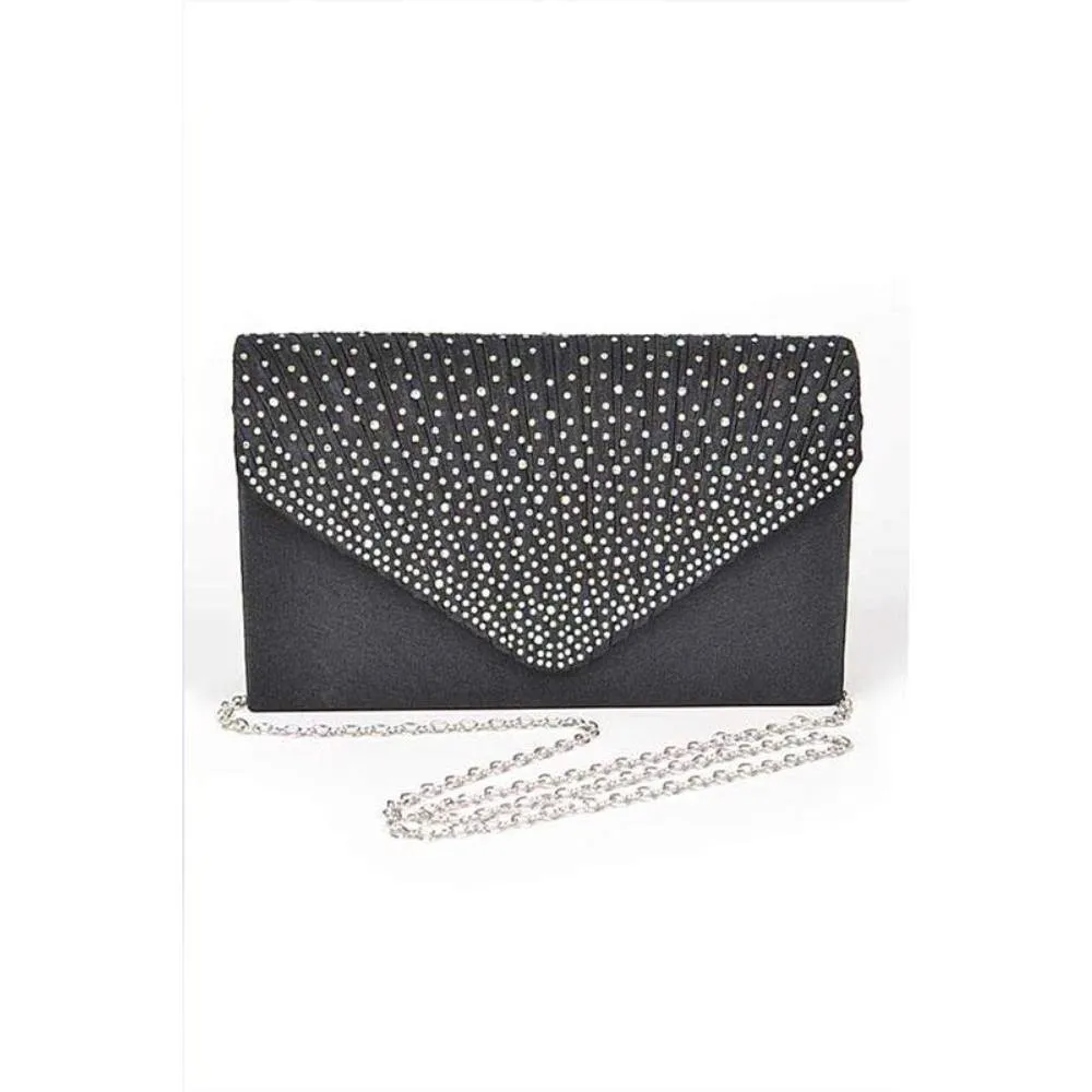 FASHNZFAB Rhinestone Pave Pleated Satin Evening Clutch
