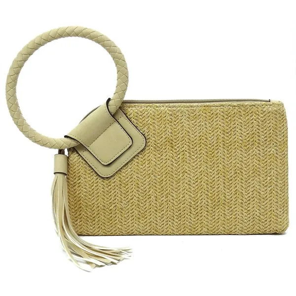 FASHNZFAB Straw Cuff Handle Tassel Wristlet Clutch