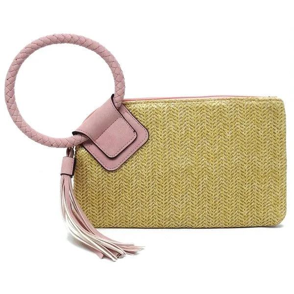 FASHNZFAB Straw Cuff Handle Tassel Wristlet Clutch