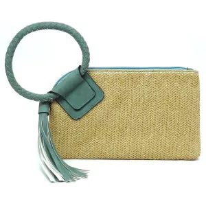 FASHNZFAB Straw Cuff Handle Tassel Wristlet Clutch