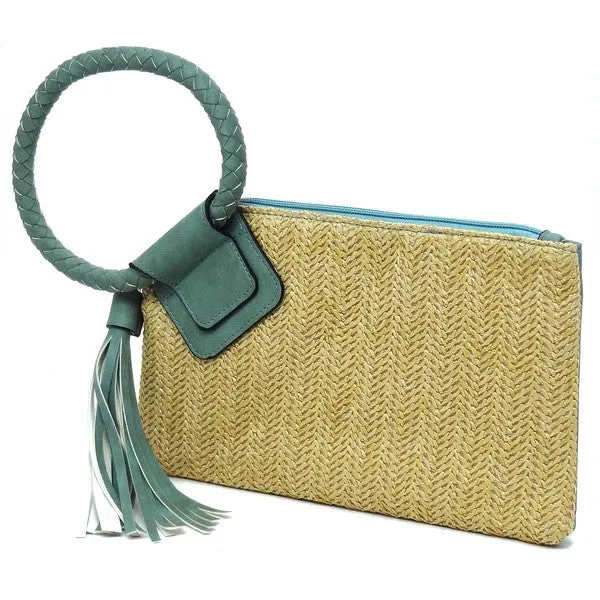 FASHNZFAB Straw Cuff Handle Tassel Wristlet Clutch