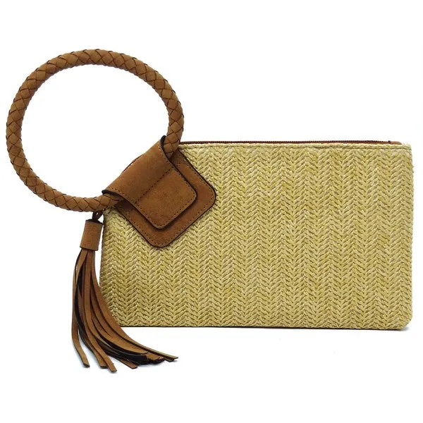 FASHNZFAB Straw Cuff Handle Tassel Wristlet Clutch