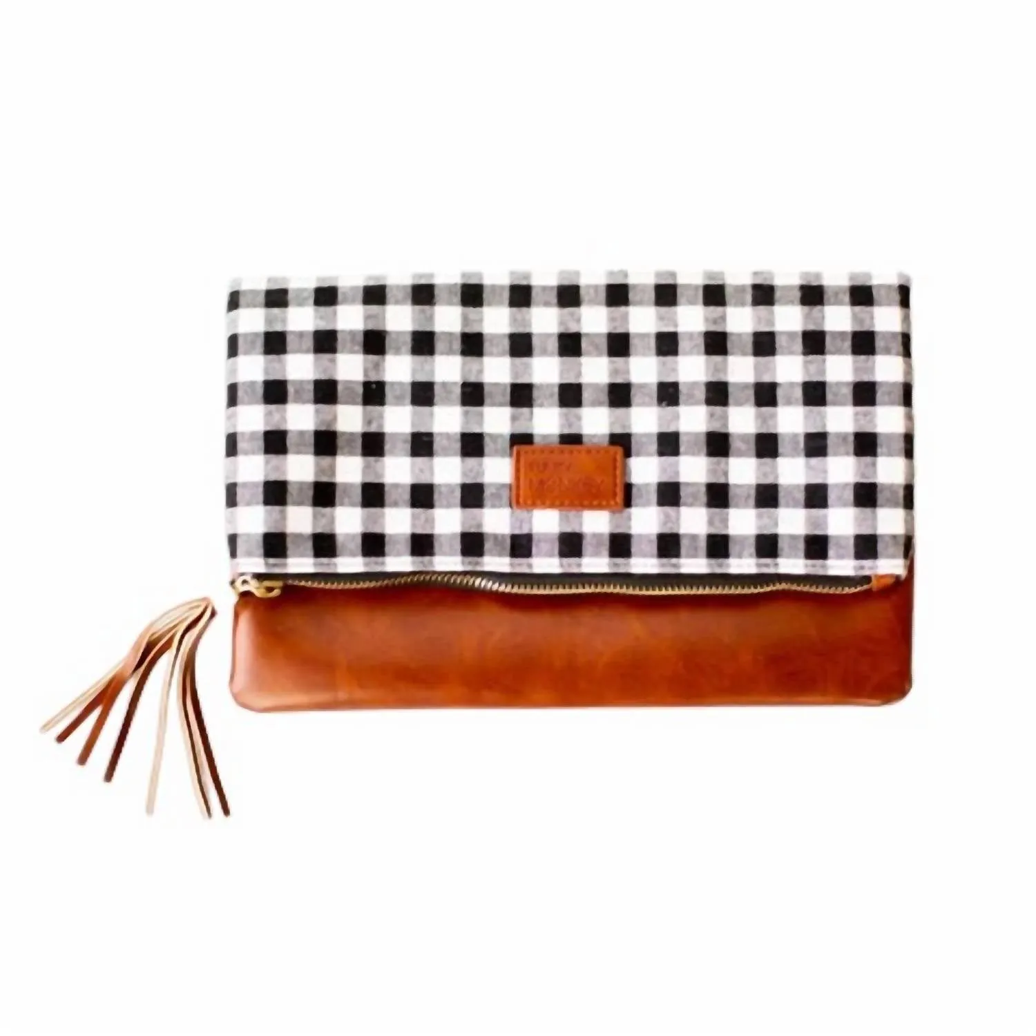 Fold Over Buffalo Check Clutch In Black/white/brown