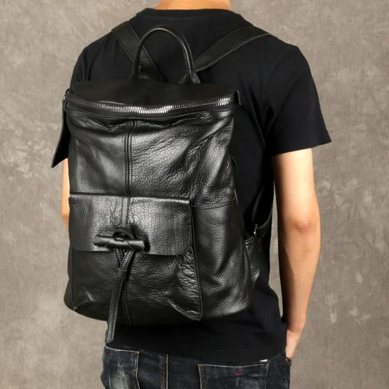 Genuine Leather Mens Cool Backpack Black Large Travel Backpack for men