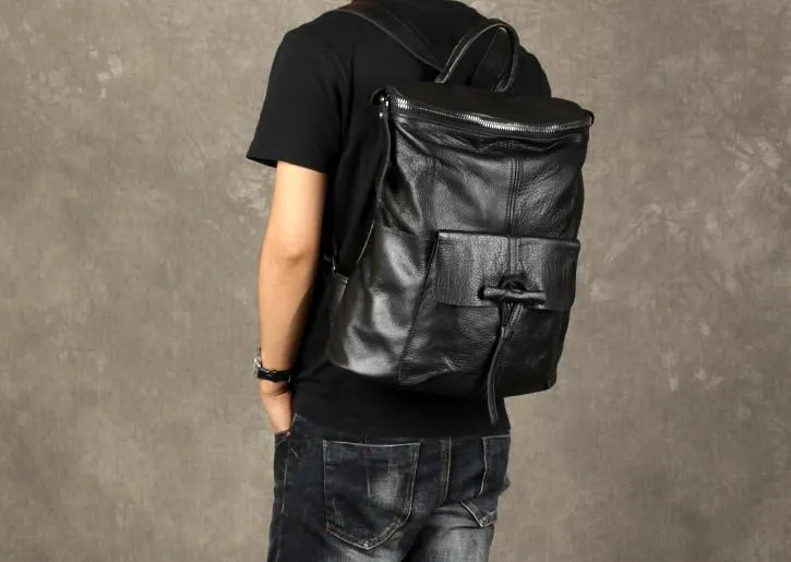 Genuine Leather Mens Cool Backpack Black Large Travel Backpack for men