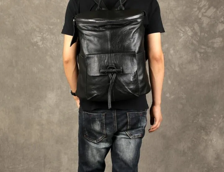 Genuine Leather Mens Cool Backpack Black Large Travel Backpack for men