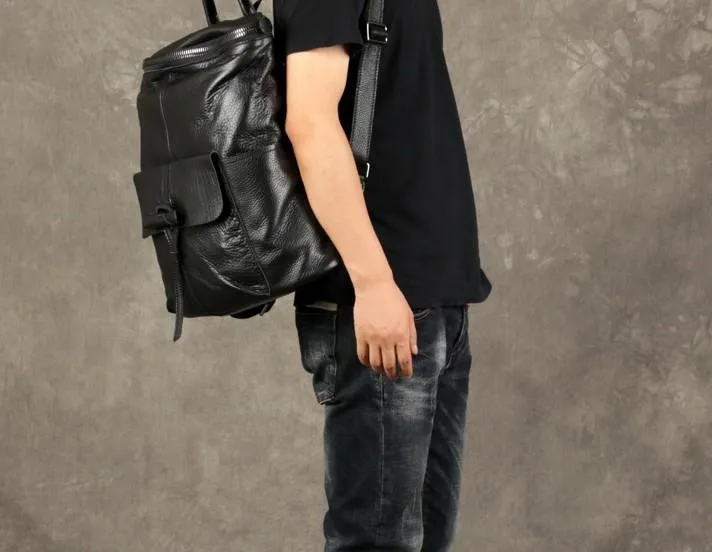 Genuine Leather Mens Cool Backpack Black Large Travel Backpack for men