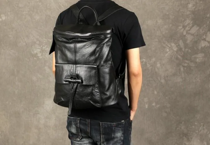 Genuine Leather Mens Cool Backpack Black Large Travel Backpack for men