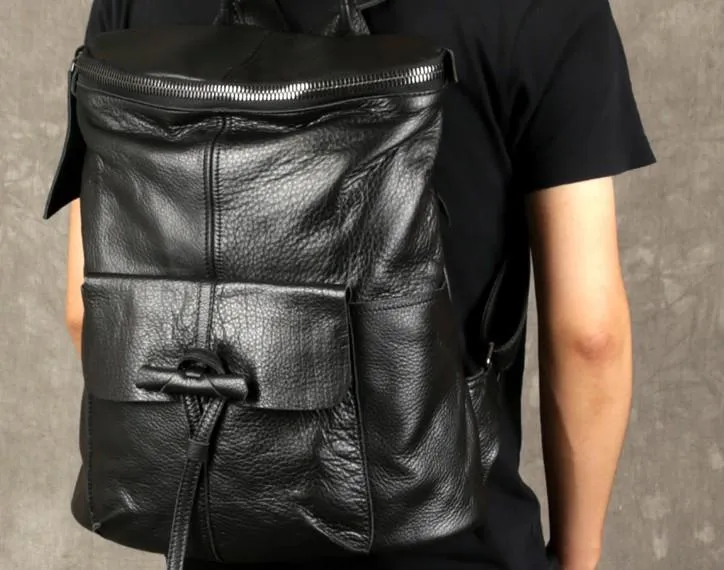 Genuine Leather Mens Cool Backpack Black Large Travel Backpack for men