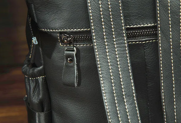Genuine Leather Mens Cool Backpack Large Black Travel Bag Hiking Bag For Men