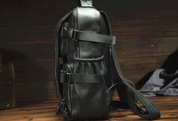 Genuine Leather Mens Cool Backpack Large Black Travel Bag Hiking Bag For Men