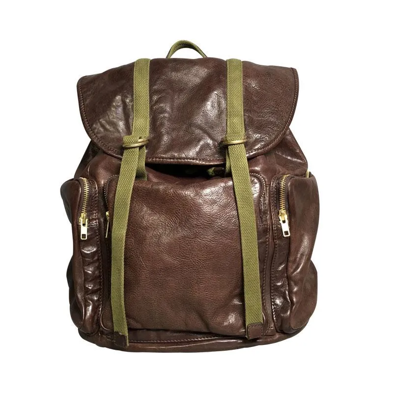 Genuine Leather Mens Cool Backpack Large Coffee Travel Backpack Hiking Backpack for men