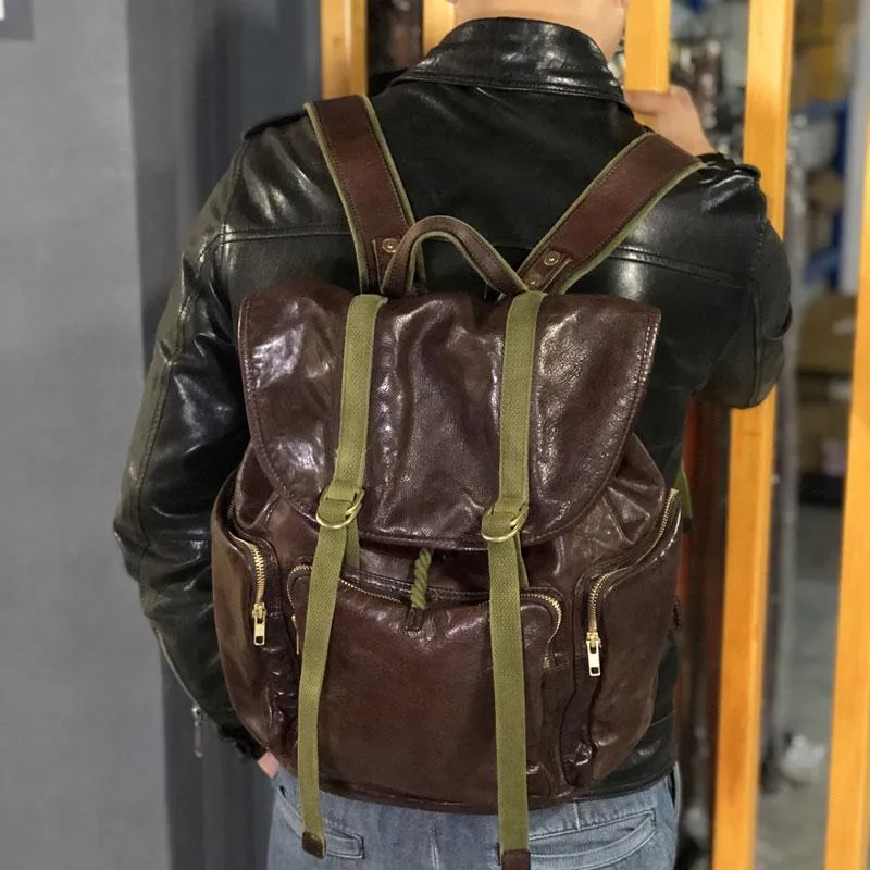 Genuine Leather Mens Cool Backpack Large Coffee Travel Backpack Hiking Backpack for men