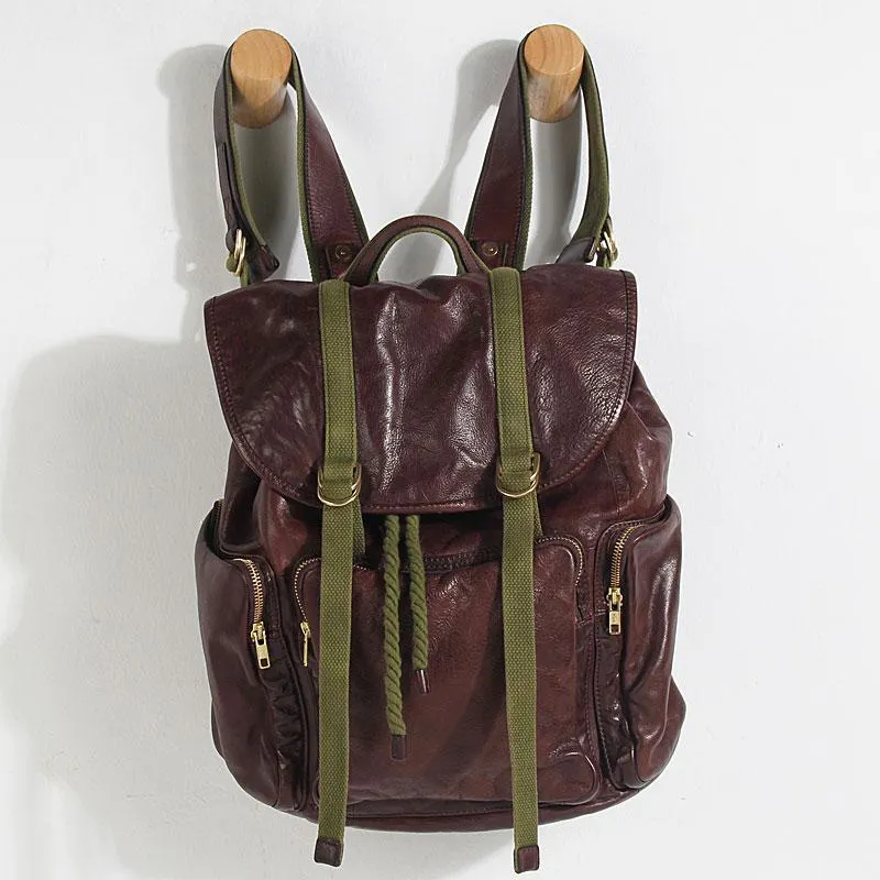 Genuine Leather Mens Cool Backpack Large Coffee Travel Backpack Hiking Backpack for men
