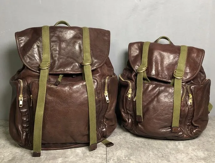 Genuine Leather Mens Cool Backpack Large Coffee Travel Backpack Hiking Backpack for men