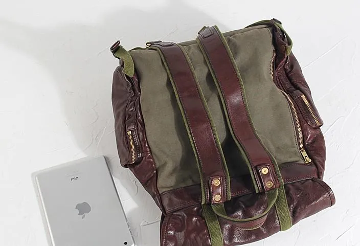Genuine Leather Mens Cool Backpack Large Coffee Travel Backpack Hiking Backpack for men