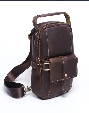 Genuine Leather Mens Cool Chest Bag Sling Bag Coffee One shoulder Backpack for men