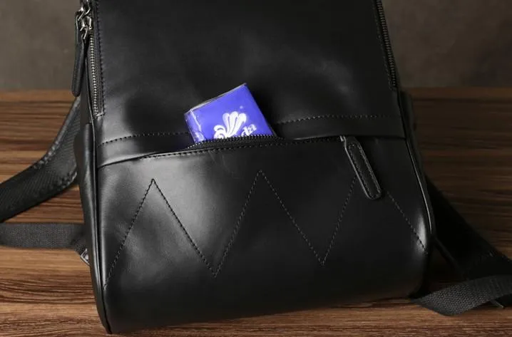 Genuine Leather Mens Large Cool Backpack Black Travel Backpack School Backpack for men