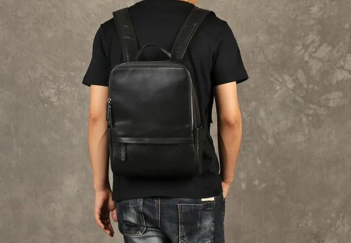 Genuine Leather Mens Large Cool Backpack Black Travel Backpack School Backpack for men