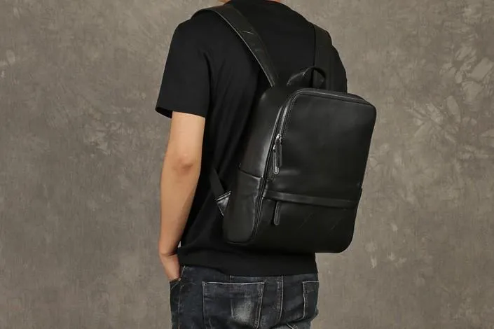Genuine Leather Mens Large Cool Backpack Black Travel Backpack School Backpack for men
