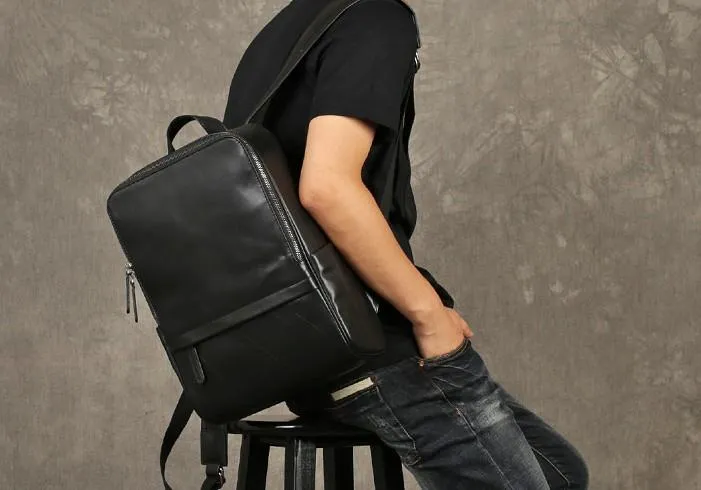 Genuine Leather Mens Large Cool Backpack Black Travel Backpack School Backpack for men