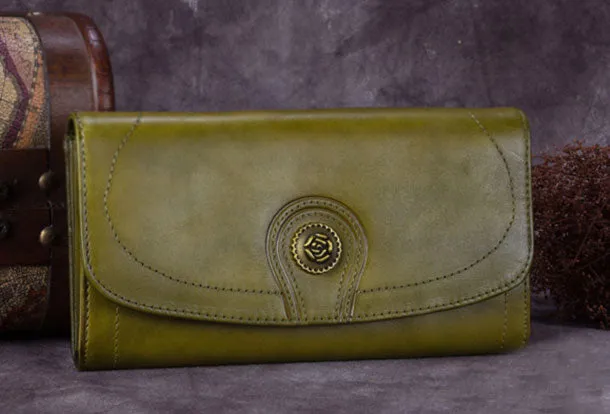 Genuine Leather Wallet Folded Long Wallet Vintage Wallet Purse For Women