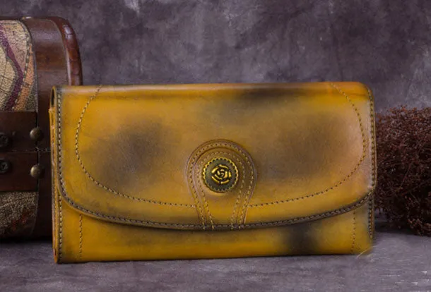 Genuine Leather Wallet Folded Long Wallet Vintage Wallet Purse For Women