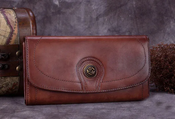 Genuine Leather Wallet Folded Long Wallet Vintage Wallet Purse For Women