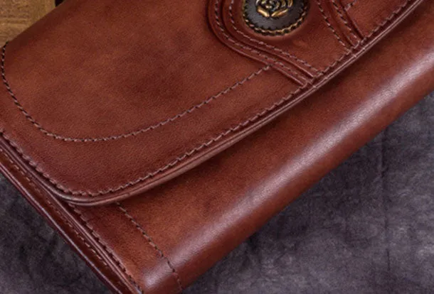 Genuine Leather Wallet Folded Long Wallet Vintage Wallet Purse For Women
