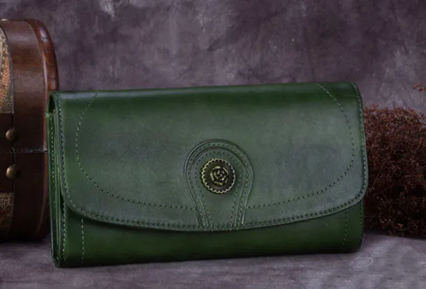 Genuine Leather Wallet Folded Long Wallet Vintage Wallet Purse For Women
