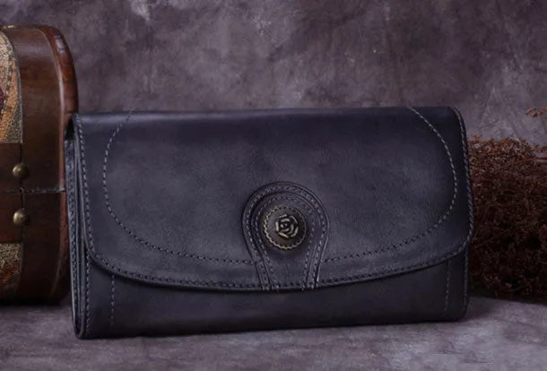Genuine Leather Wallet Folded Long Wallet Vintage Wallet Purse For Women