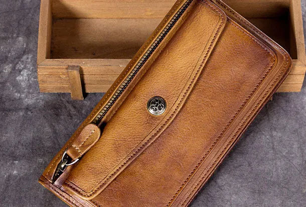Genuine Leather Wallet Vintage Long Wallet Zip Folded Wallet Purse For Men Women