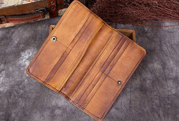 Genuine Leather Wallet Vintage Long Wallet Zip Folded Wallet Purse For Men Women
