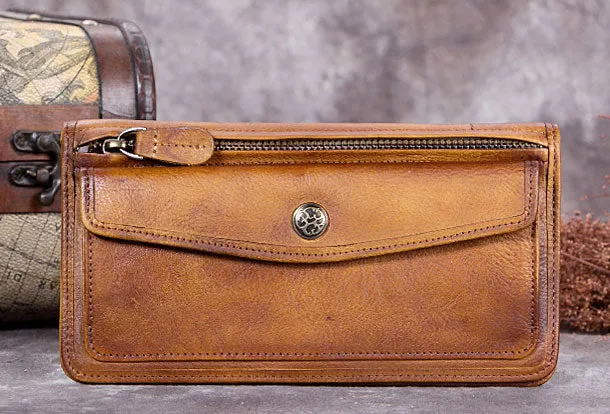 Genuine Leather Wallet Vintage Long Wallet Zip Folded Wallet Purse For Men Women