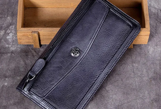 Genuine Leather Wallet Vintage Long Wallet Zip Folded Wallet Purse For Men Women