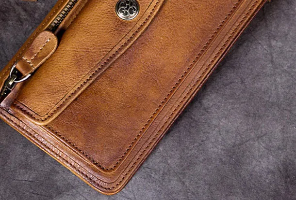 Genuine Leather Wallet Vintage Long Wallet Zip Folded Wallet Purse For Men Women