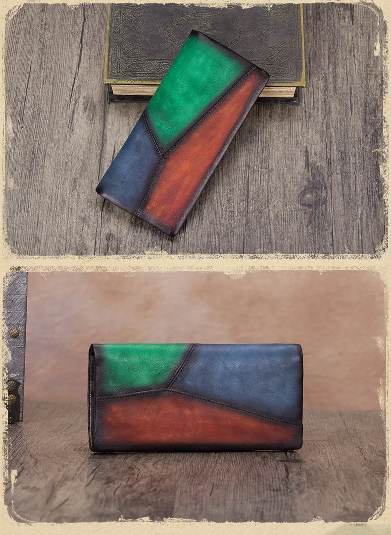 Geometric Womens Leather Long Clutch Wallet Long Wallet Bifold Long Purse for Ladies